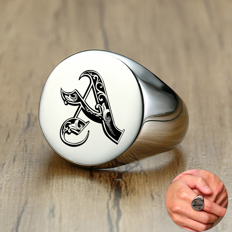 Mens Signet Ring - Vnox Cincin Stempel Awal Huruf Pola